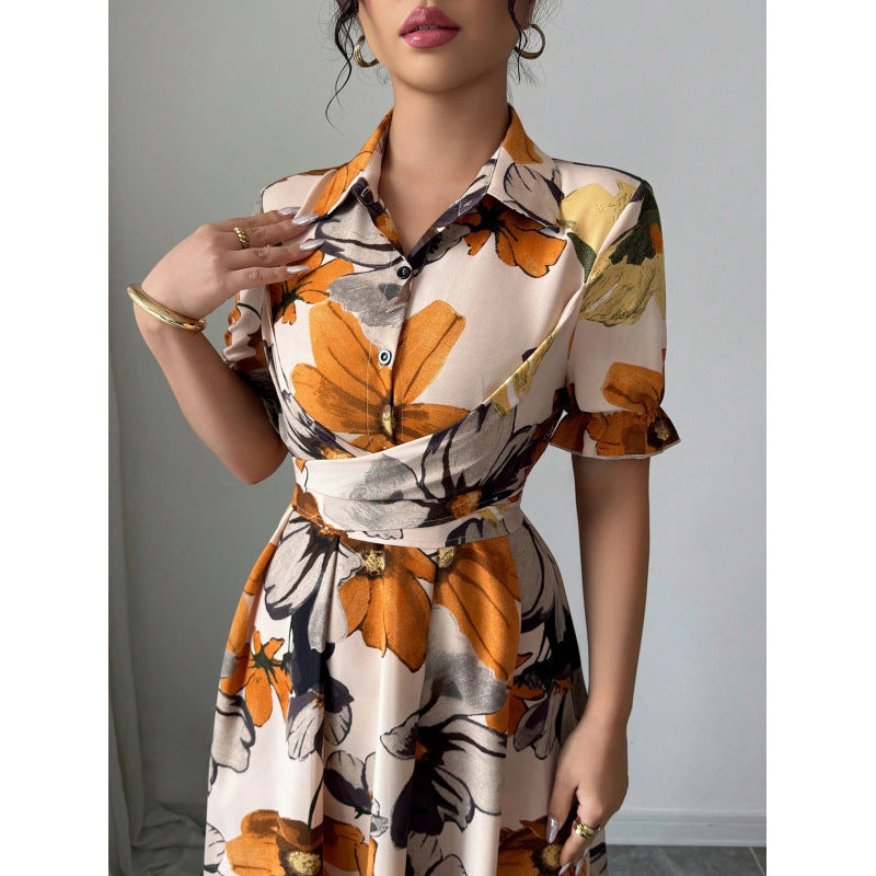 Vestido estampado de mujer con mangas abullonadas – Estilo con cuello de blusa y lazo en la cintura