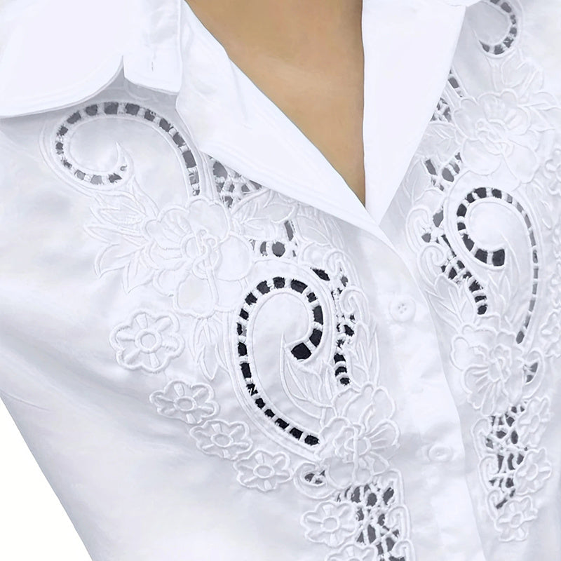 Blusa de mujer de manga larga con botones y encaje en contraste