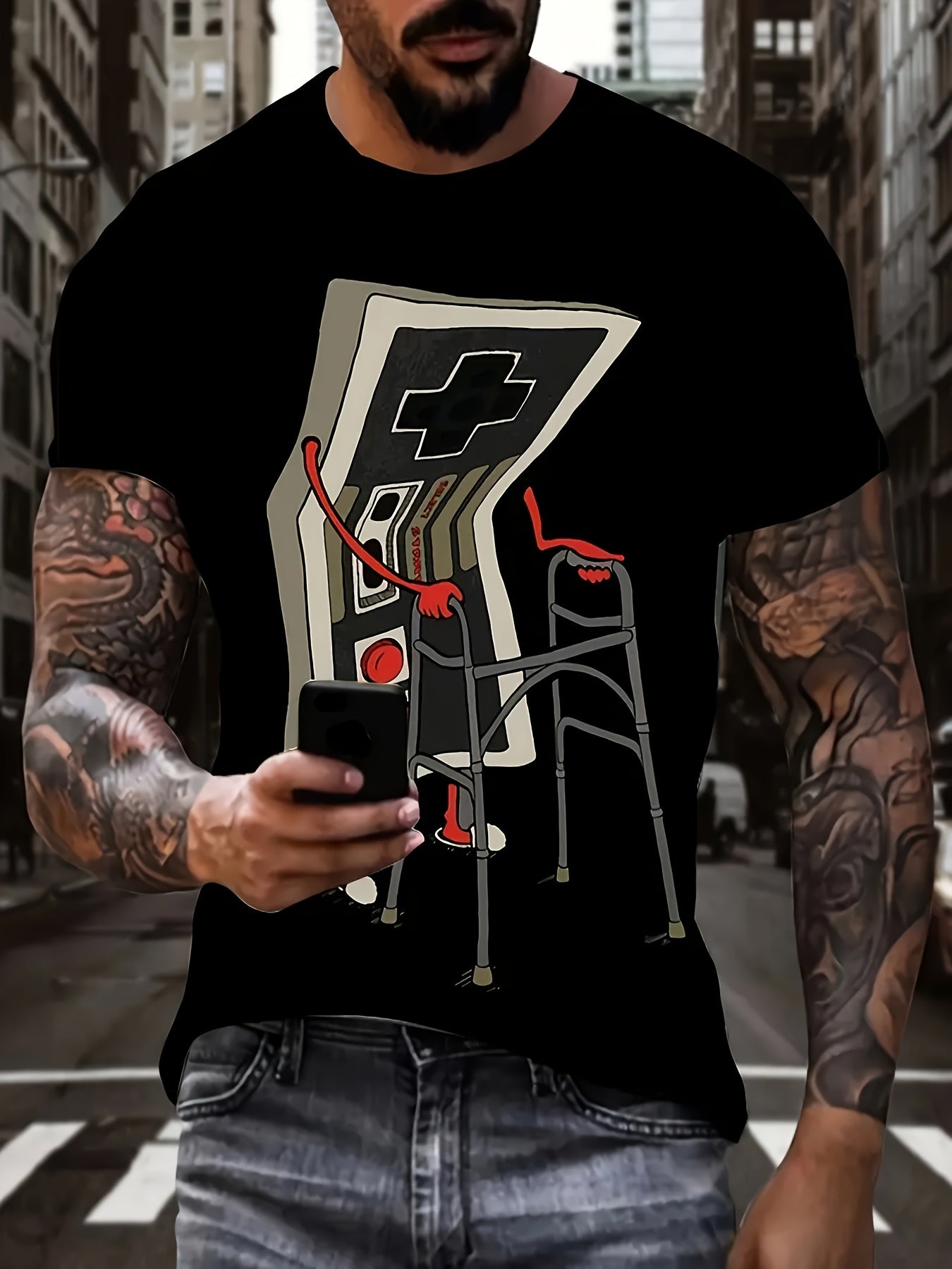 Camiseta de manga corta con estampado de mando de videojuegos para hombre – Camiseta de calle de tallas grandes