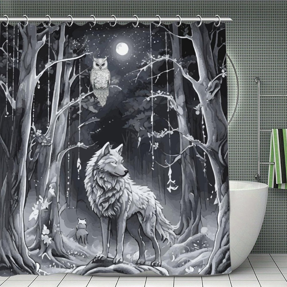 Ethereal Wolf in the Moonlight Waterproof Polyester Shower Curtain