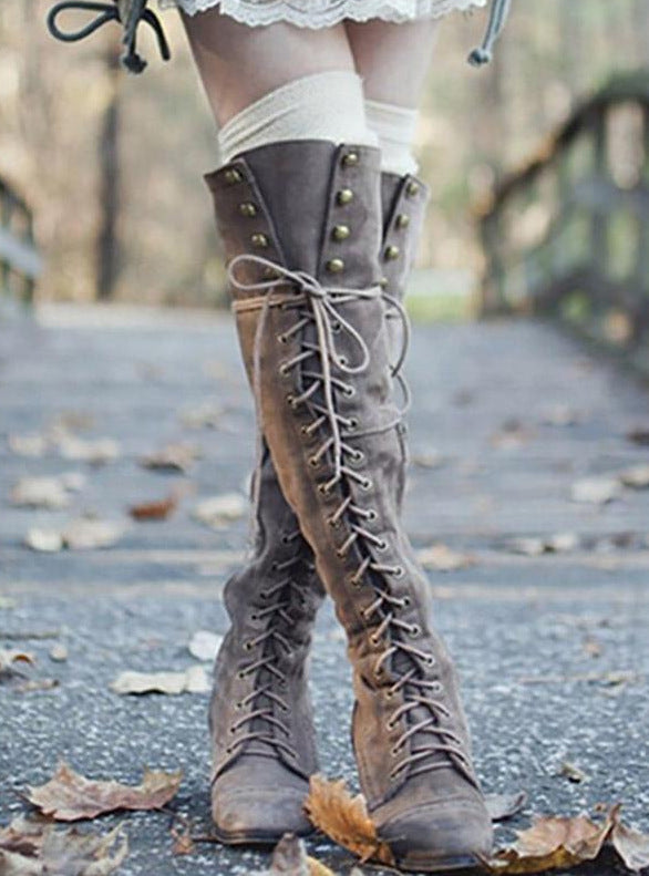 Women's Solid Color Lace-up Fashion Boots