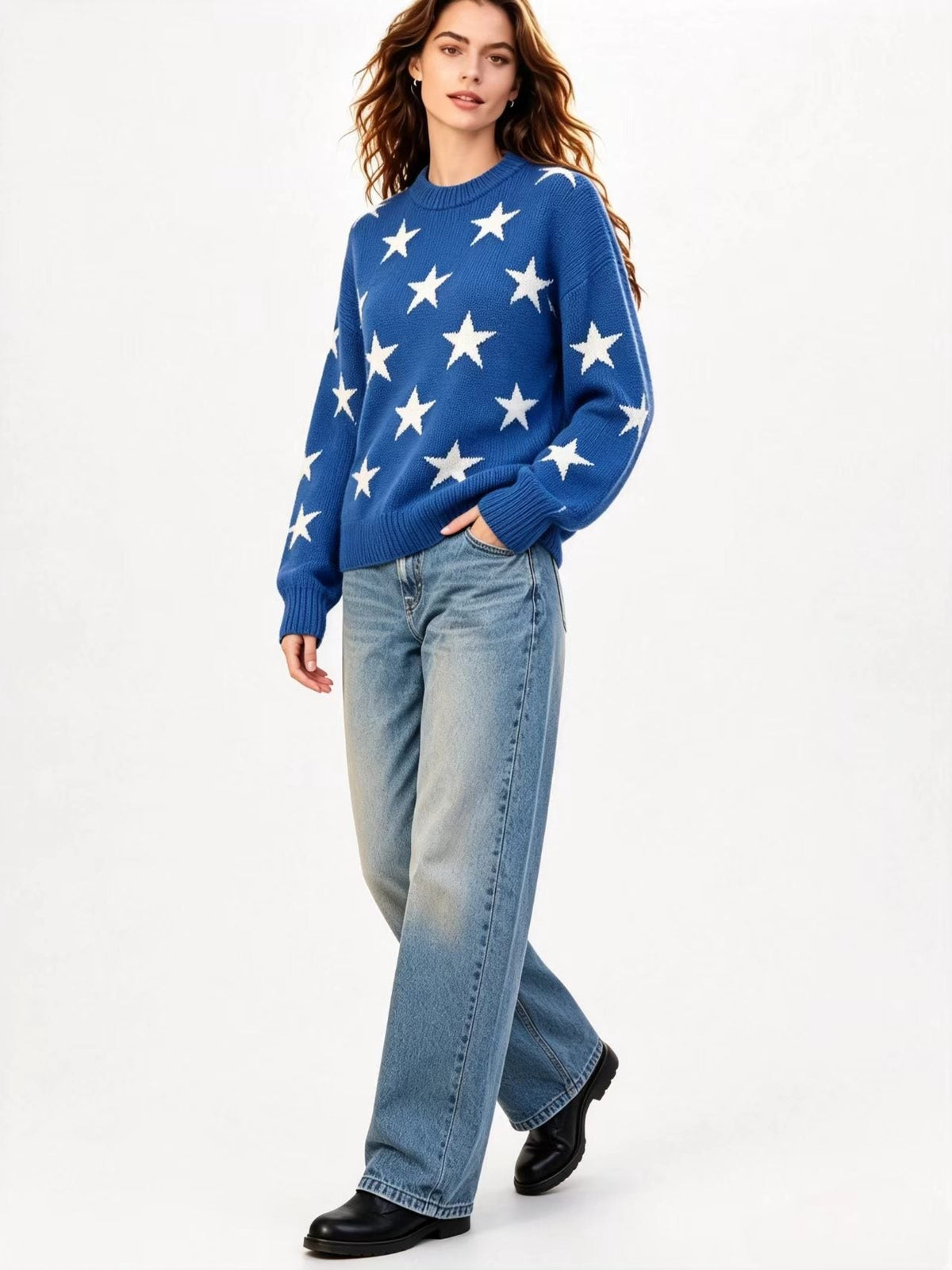 Womens Retro American-Style Star Jacquard Crew-Neck Sweater