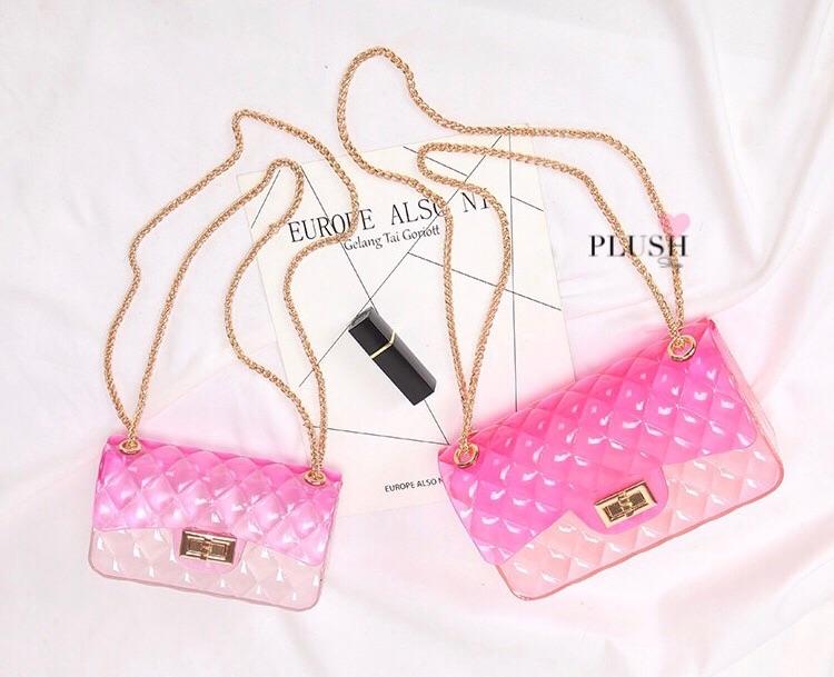 Ins super fire transparent mini bag female summer new jelly chain bag gradient wild Messenger bag See size chart under “more details”