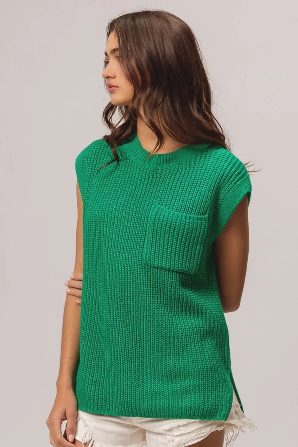 Sweaters Trendsi Knit Sweater Top Women's Casual Patch Pocket Cap Sleeve USA Shipped