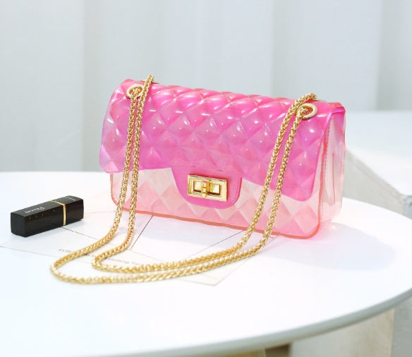 Ins super fire transparent mini bag female summer new jelly chain bag gradient wild Messenger bag See size chart under “more details”