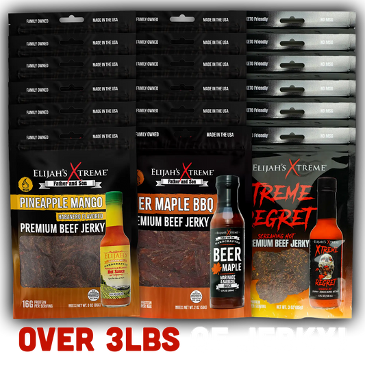 Elijah's Xtreme Beef Jerky Lote de Tres Sabores - 6 bolsas de cada sabor, 18 bolsas en total (3 lb)