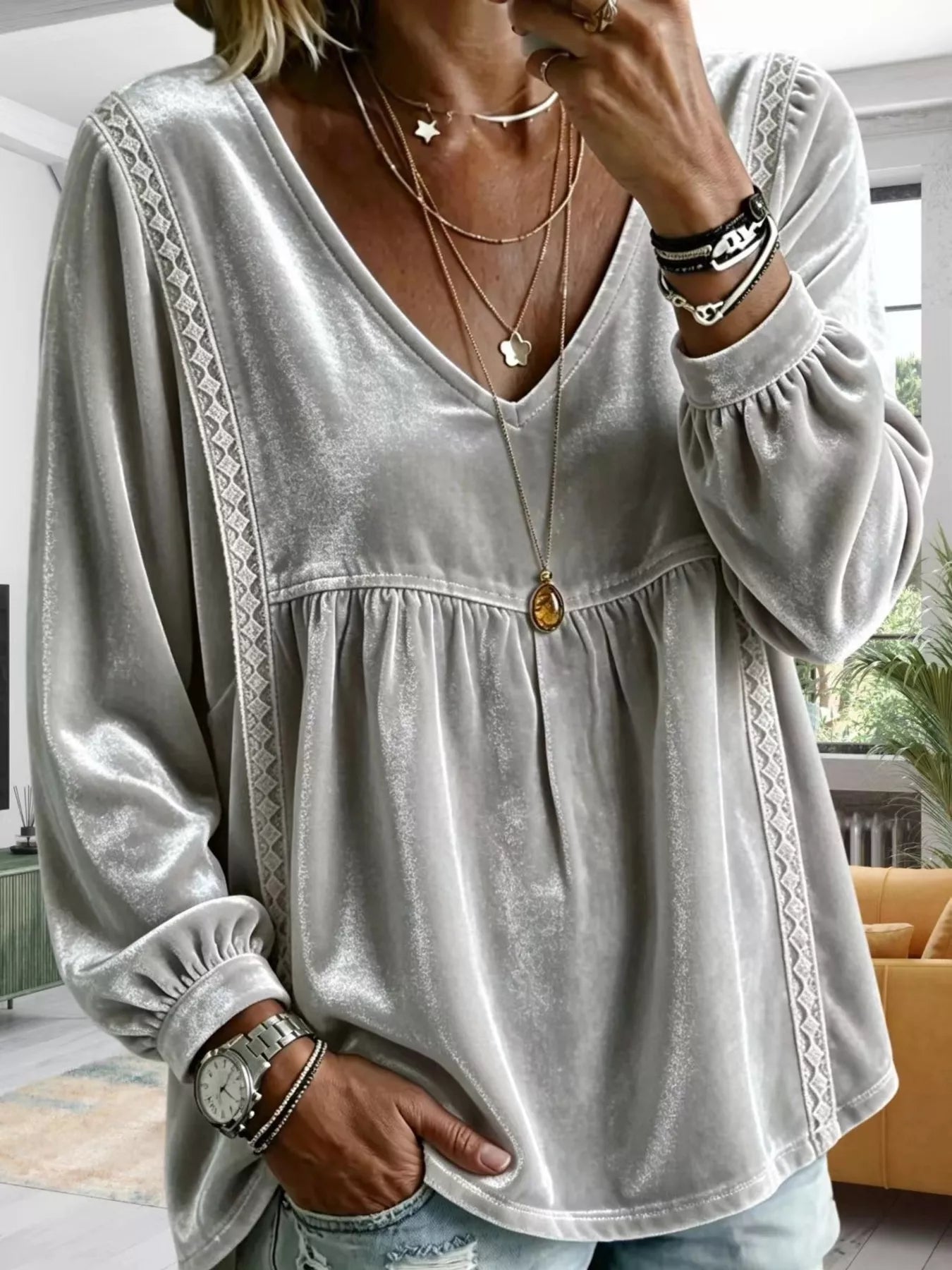 Full Size Velvet Lace Detail V-Neck Blouse Plus Size