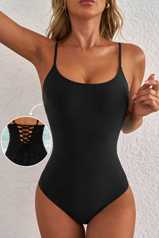 Traje de baño de una pieza Dearlove negro con tiras finas, espalda descubierta con cordones