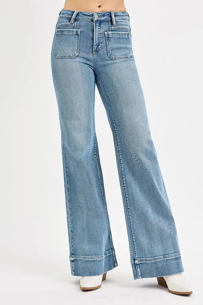 Women's Plus Size Jeans Jeans - High Rise Plus Size Patch Pocket - Wide Flare Denim