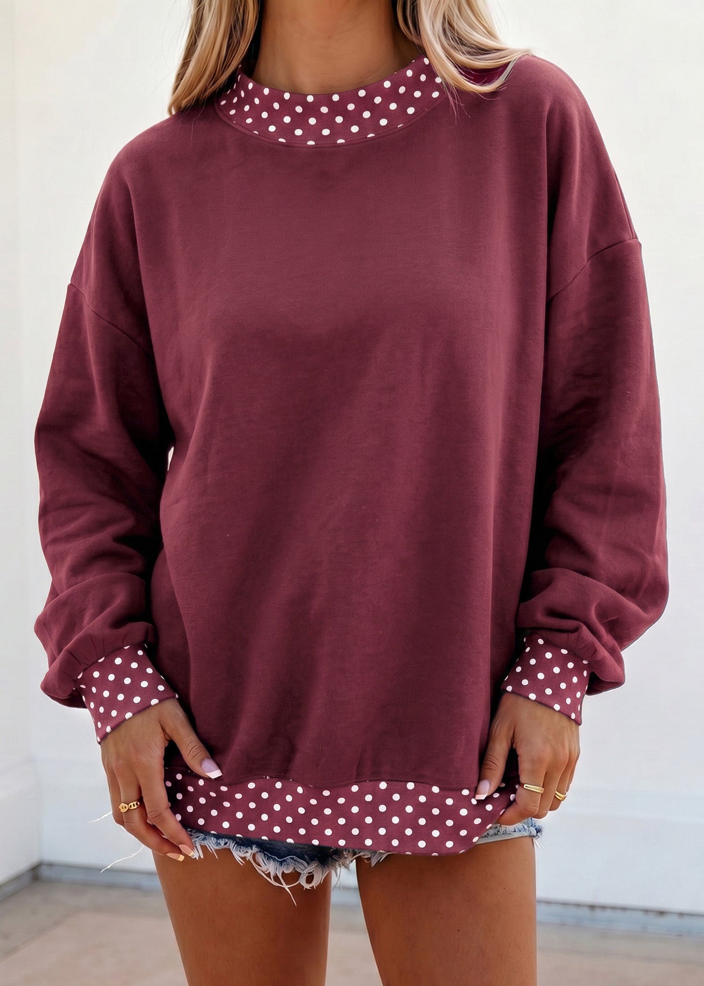 Brown Colorblock Polka Dot Contrast Trim Oversized Sweatshirt
