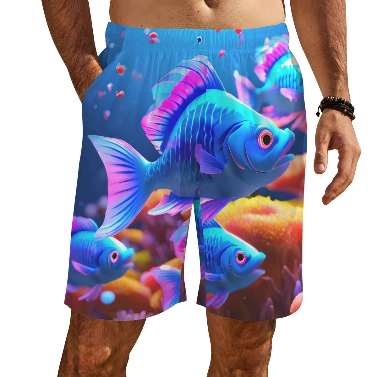 Blue Neon Fish Men's All Over Print Elastic Beach Shorts