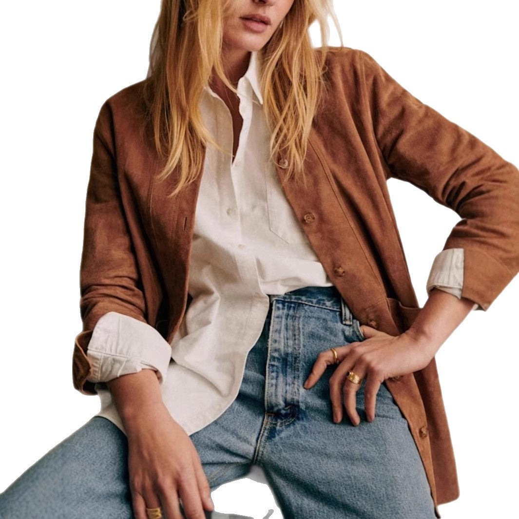 Shawl-collar Suede-like Faux Leather Shirt Jacket