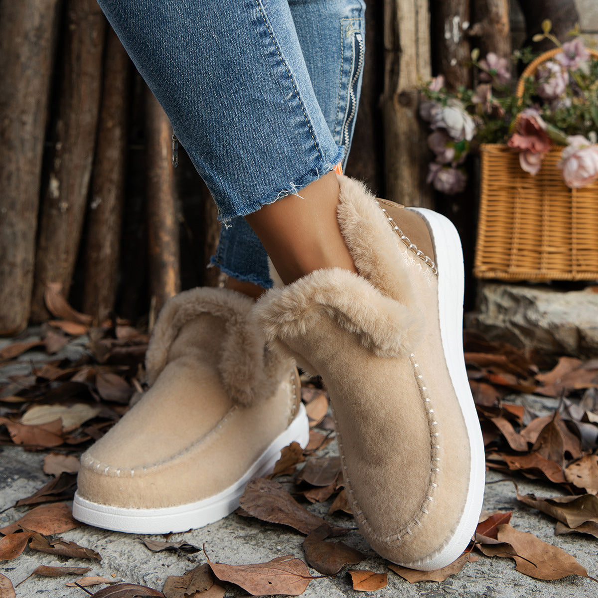 Fleece-Lined Flat Cotton Ankle Boots