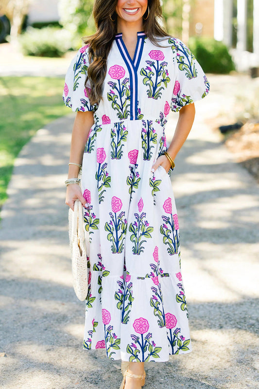 Vestido Maxi Blanco Floral con Mangas Abullonadas Cortas, Cuello en V y Cintura Alta