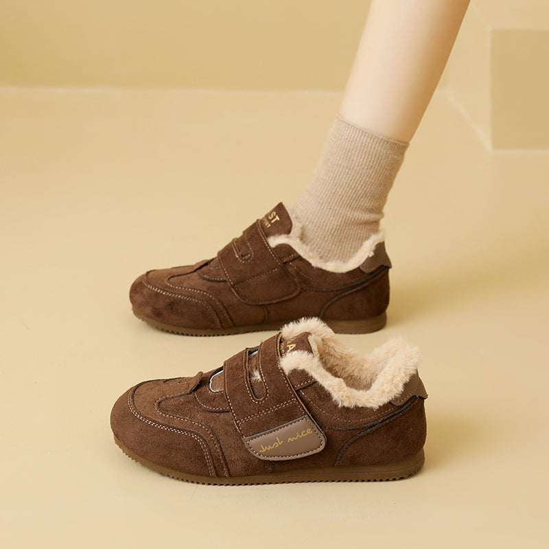 Fleece Lined Retro Sneakers Women 2026 Winter New Vintage Flat Sole Comfortable Running Shoes Fuzzy Plush Cotton Shoes