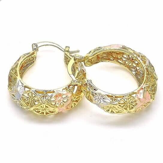 18k Gold Filled High Polish Finish Diamond Cut Fancy Filigree Hoop Earrings Textured Tri-gold Hoop Earrings 40mm