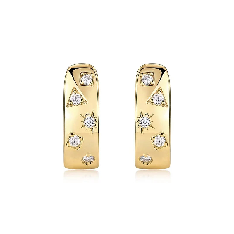 18K Gold Plated 925 Silver Hoop Earrings With Star Triangle Moissanite Accents