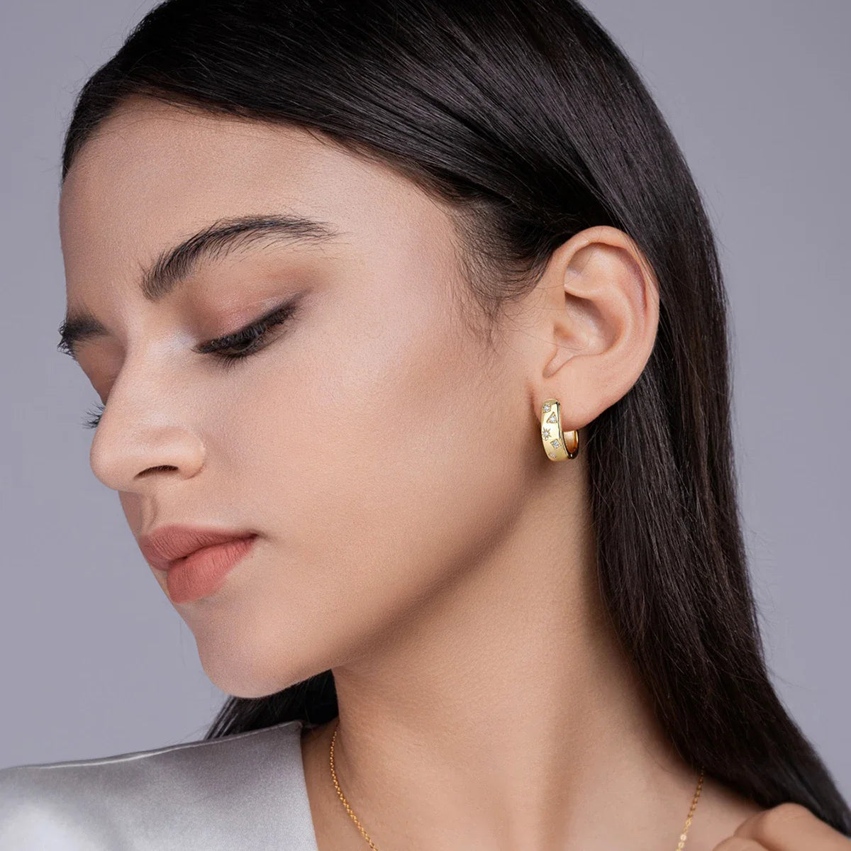 18K Gold Plated 925 Silver Hoop Earrings With Star Triangle Moissanite Accents