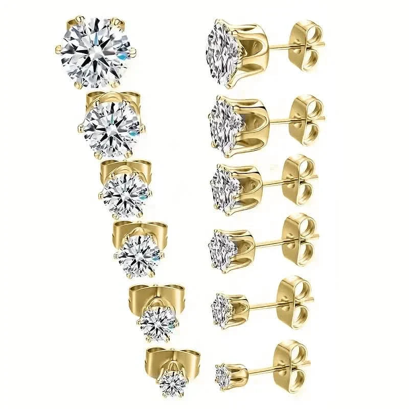 18K Gold Ear Bone Buckle Stainless Steel 6-Prong Zirconia Stud Earrings