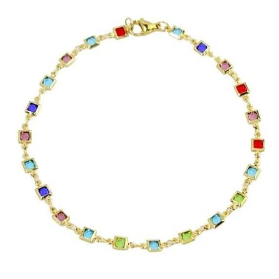 18K Gold Plated Light Multi Color Crystal Square Ankle Bracelet