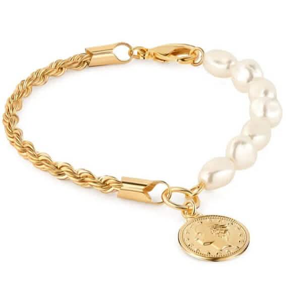 18K Gold Rope and Pearl Bracelet with Coin Charm 8"