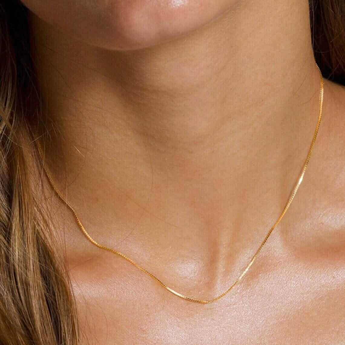 18K Solid Yellow Gold Box Necklace Real Gold Chain