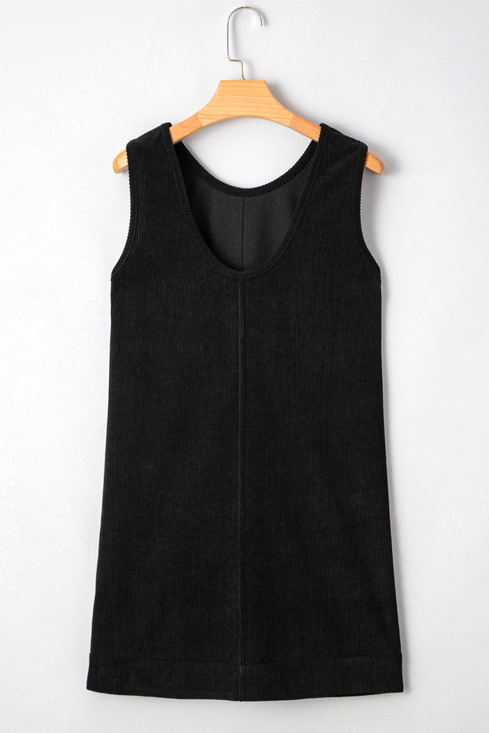 Minivestido Negro Sin Mangas de Pana Talla Grande con Bolsillos de Parche