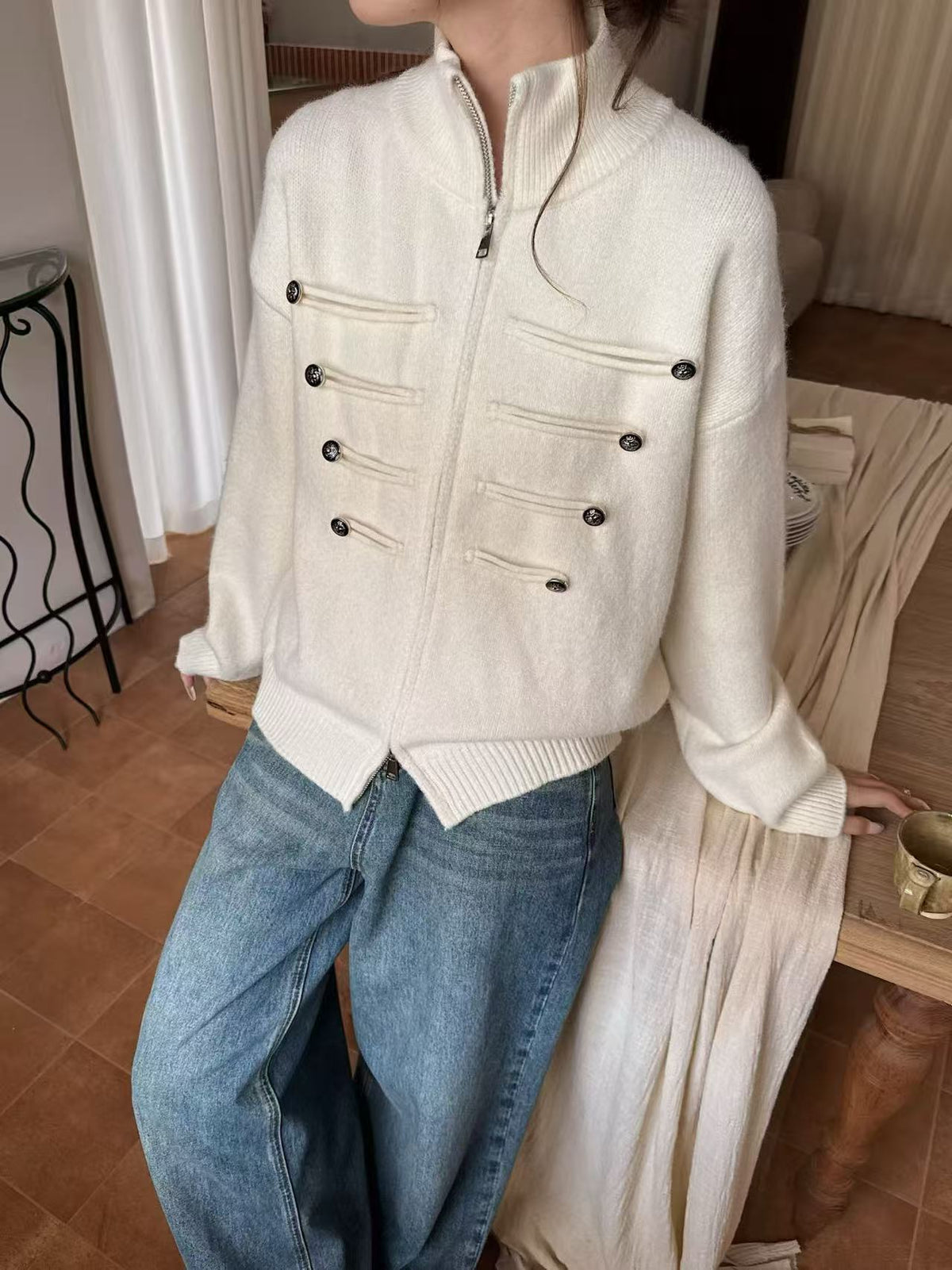 Women Niche-Design Cropped Knit Cardigan New Autumn-Winter Stand-Collar Double-Zipper Sweater Coat