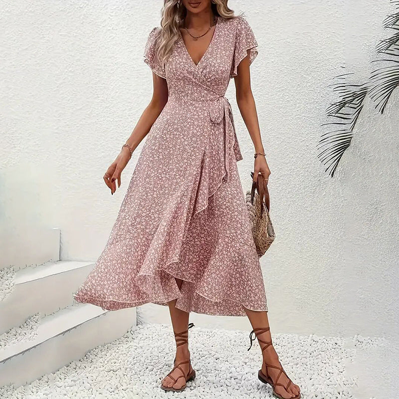 Vestido Boho Floral de Verano - Vestidos Largos Fluidos con Volantes y Manga Corta