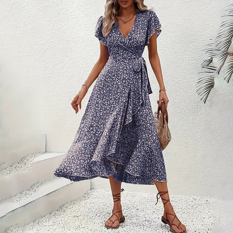 Vestido Boho Floral de Verano - Vestidos Largos Fluidos con Volantes y Manga Corta