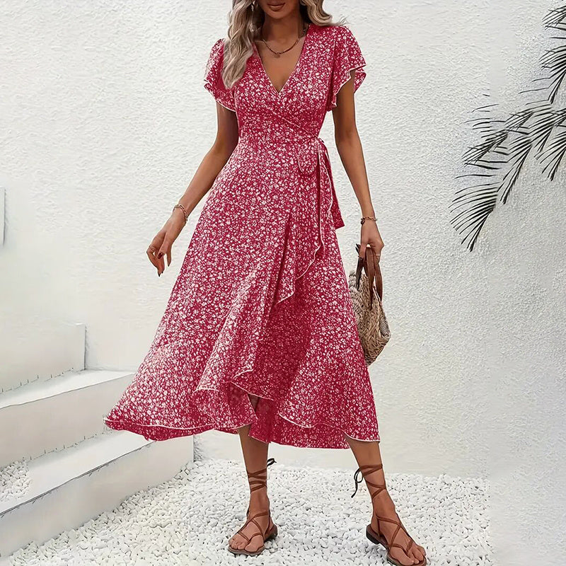 Vestido Boho Floral de Verano - Vestidos Largos Fluidos con Volantes y Manga Corta