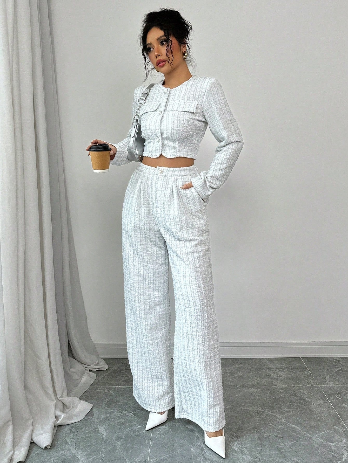 Conjunto de chaqueta con botones de perlas y pantalón de tweed para mujer