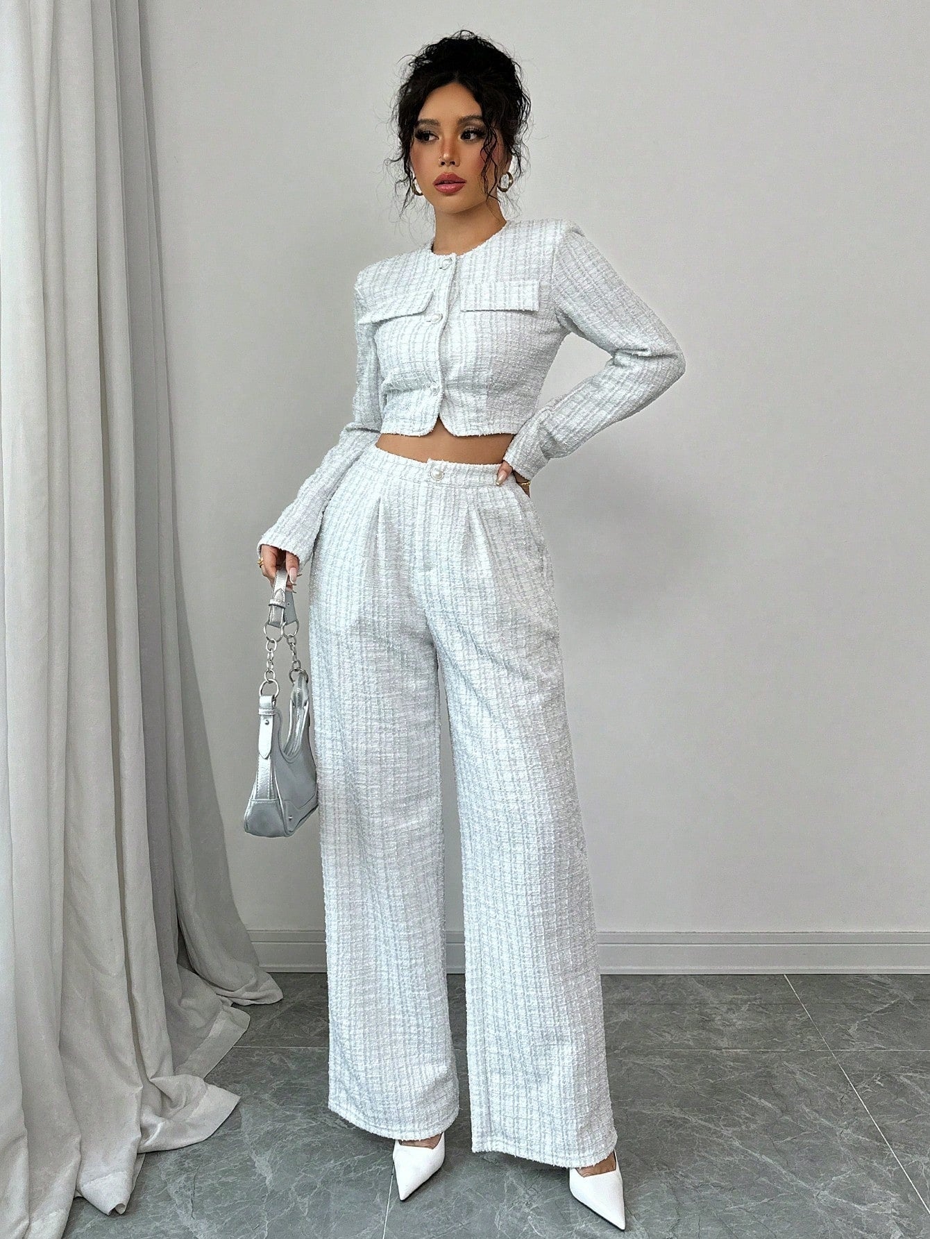 Conjunto de chaqueta con botones de perlas y pantalón de tweed para mujer