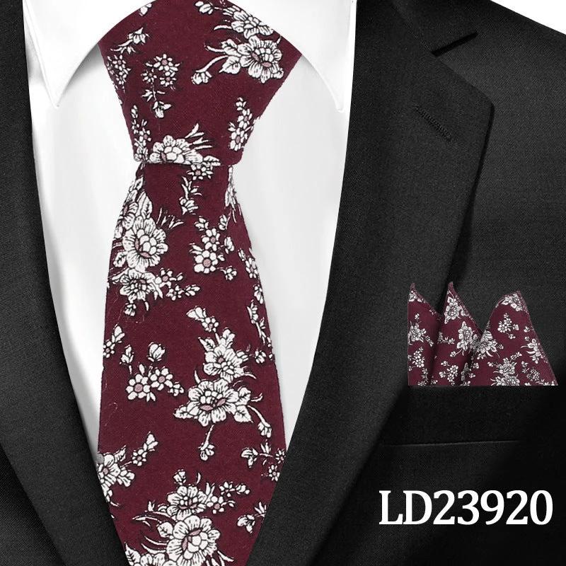 Men's Casual Cotton Floral Print 6cm Tie and Pocket Square