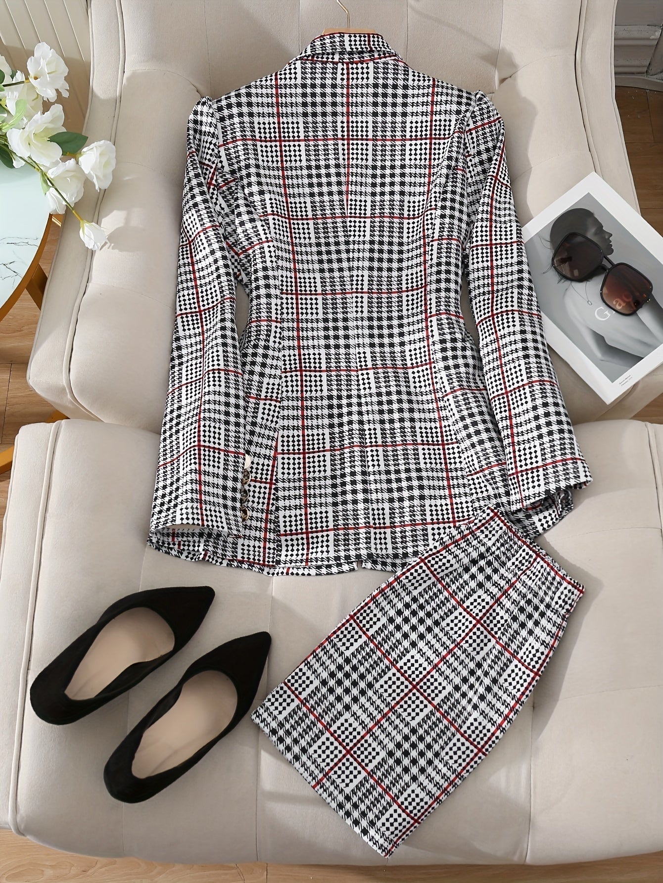 Traje de falda a cuadros de talla grande para mujer – Conjunto de dos piezas de blazer y falda de cintura alta