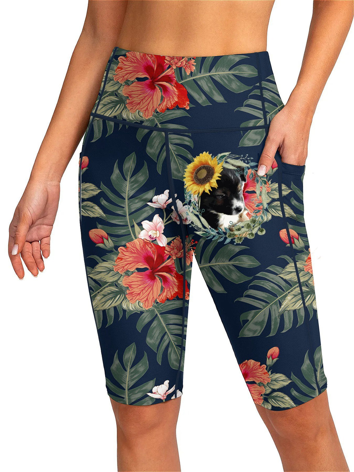 Cute Black Puppy Women's Knee-Length Swim Shorts (Front Printing)