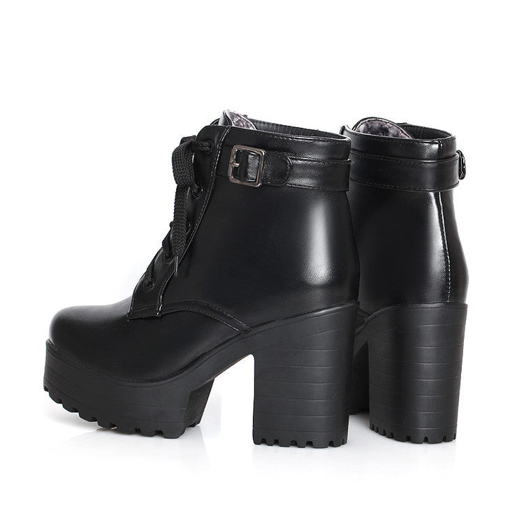 Women's Sponge Cake Chunky Heel Lace-Up Martin Boots