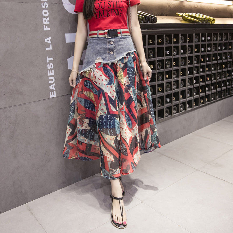 Mesh Stitching Denim Skirt