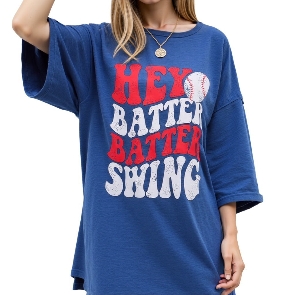 Camiseta extragrande para mamá beisbolista – Camiseta estampada “Hey Batter Batter”
