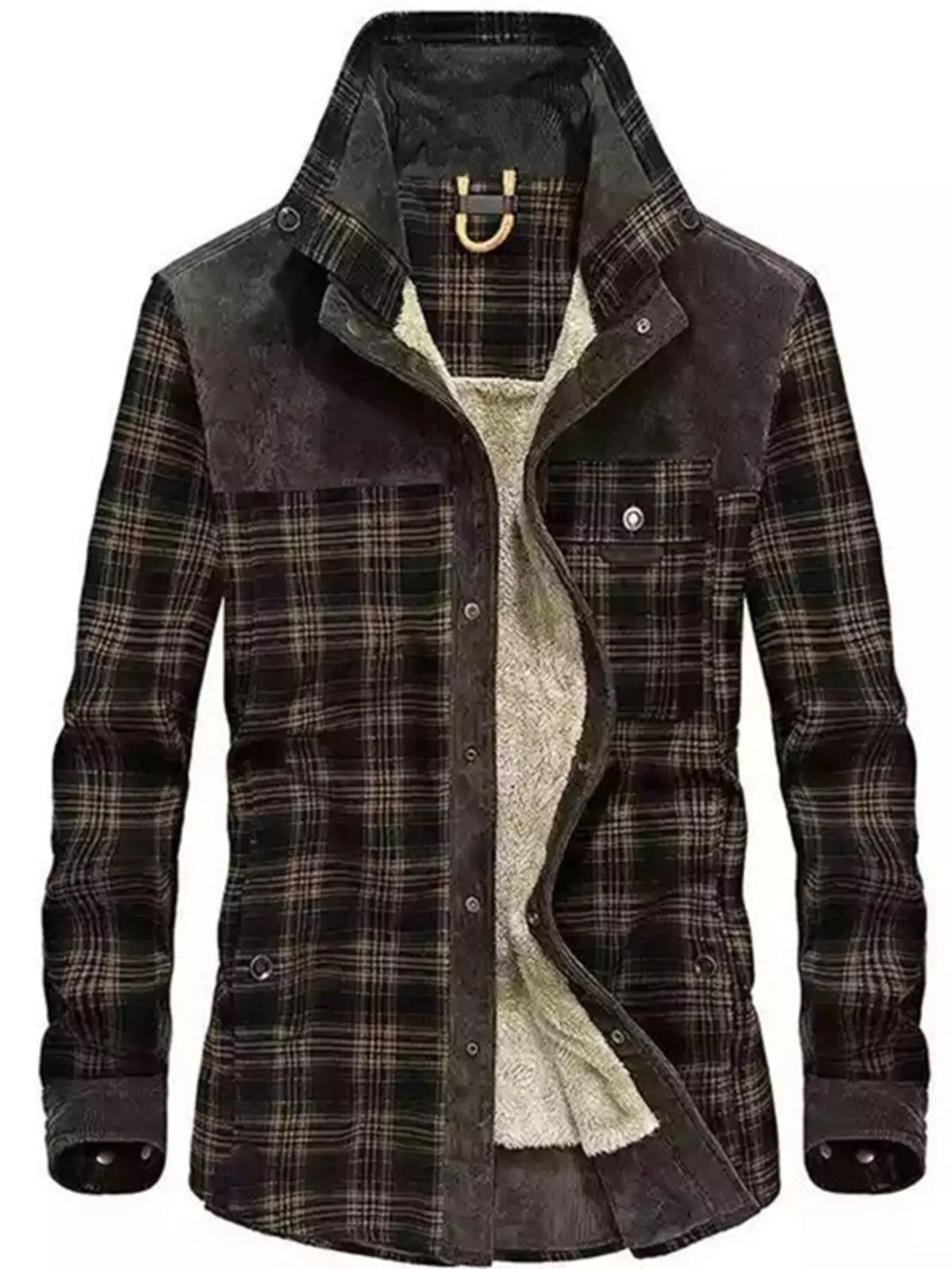 Men's Full Size Plaid Fleece Lined Snap Down Jacket Plus Size