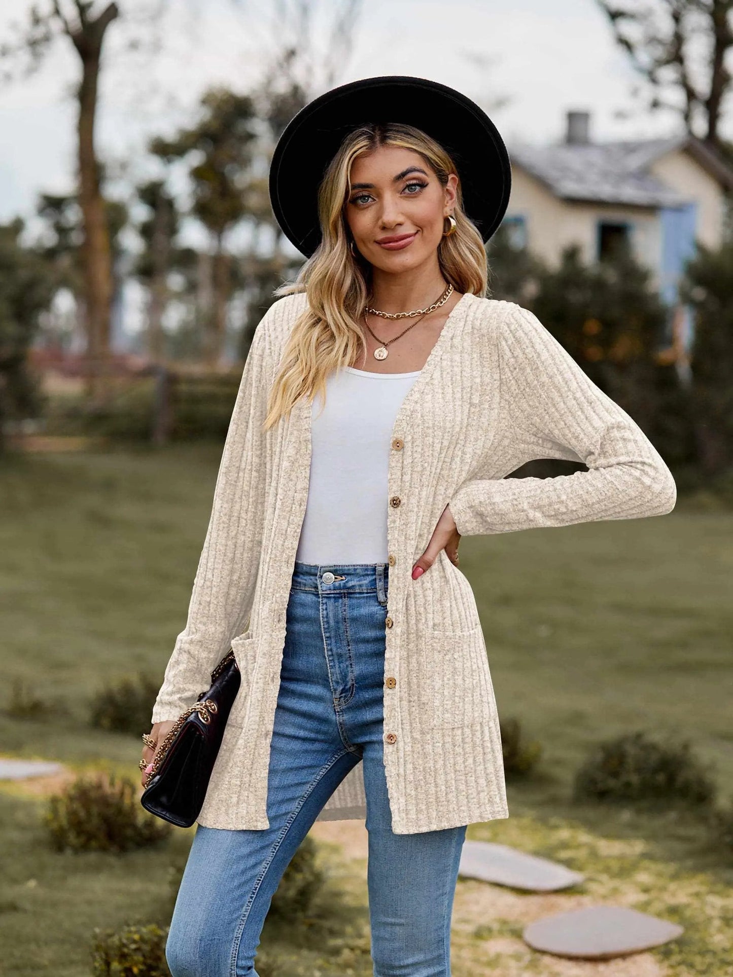 Sweaters Trendsi Heathered ribbed cardigan with pockets