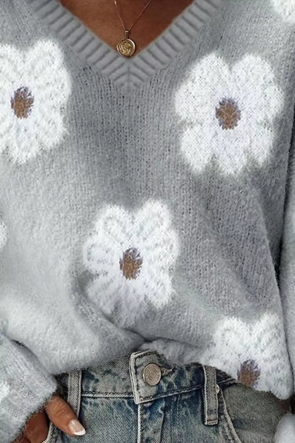 Floral Fuzzy Knit V-Neck Sweater