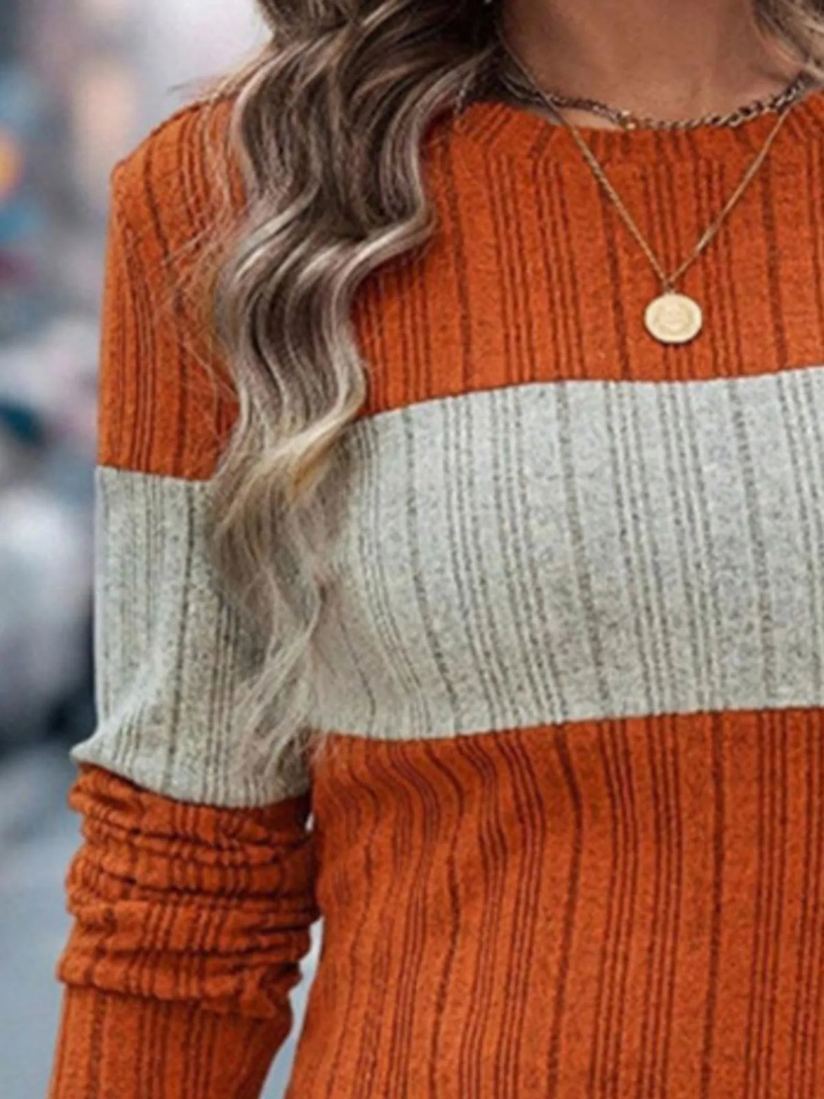 Color Block Round Neck Long Sleeve Sweater