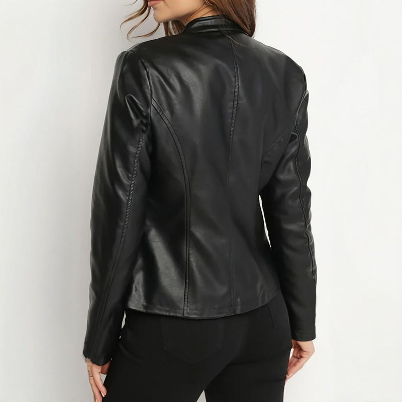 Blazer de piel sintética de manga larga y cuello alto de color liso para mujer