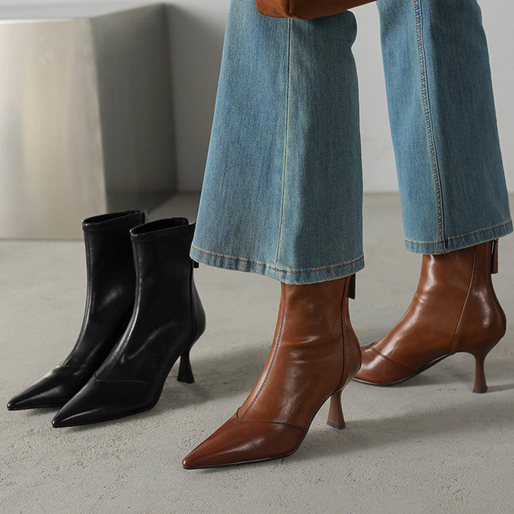 Botines de mujer de piel de vaca con puntera y tacón de aguja – Botines de tacón alto con cremallera trasera