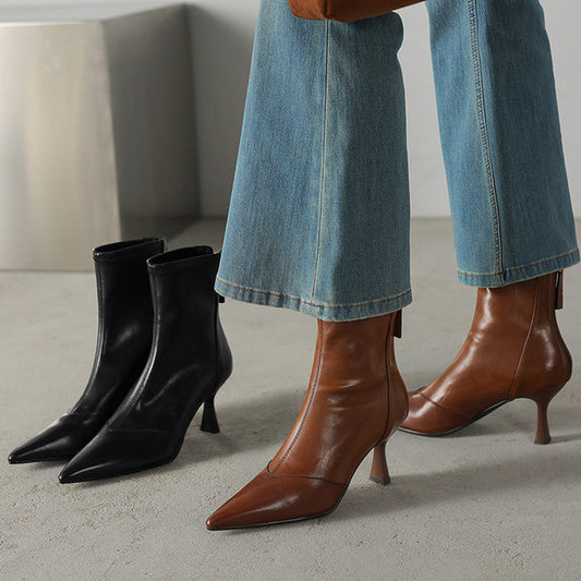 Botines de mujer de piel de vaca con puntera y tacón de aguja – Botines de tacón alto con cremallera trasera