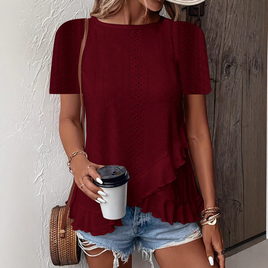 Camiseta de mujer casual de manga corta y cuello redondo de color liso