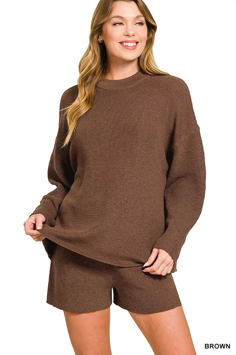 Zenana Round Neck Knit Top and Shorts Sweater Set in Brown