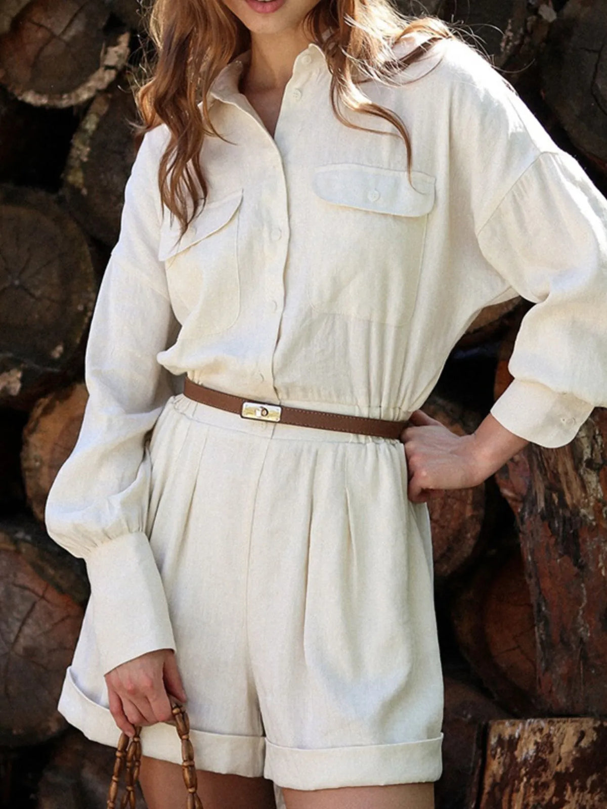 Casual Button Front Long Sleeve Romper