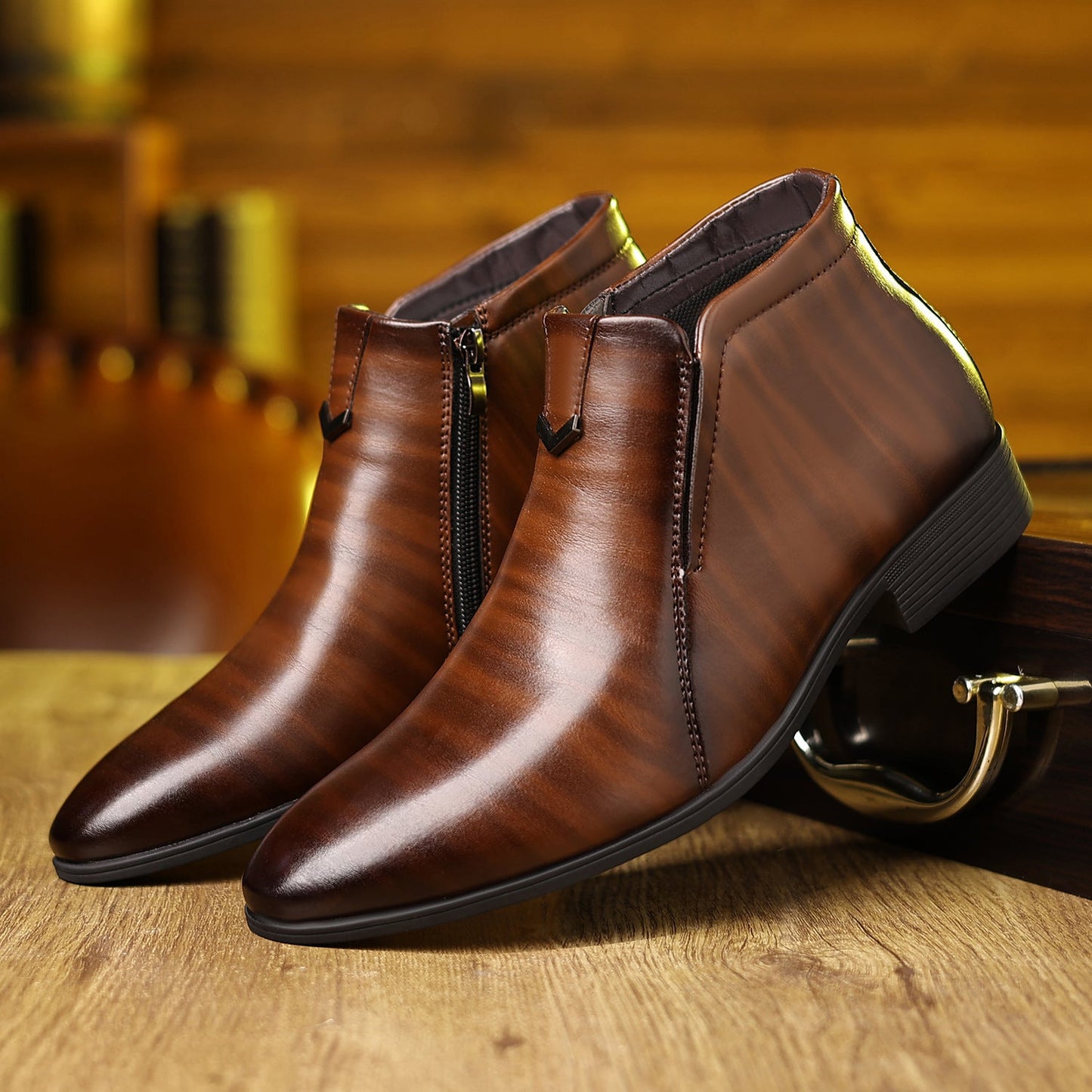 Men's Pointed White Striped Embossed Side Zipper Ankle Boots